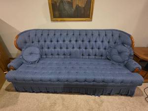 lot 606 image: Vintage Blue Sofa 88in. Long - Well Loved