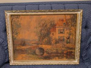 lot 609 image: Stone Bridge Landscape Picture with Ornate Gold Frame