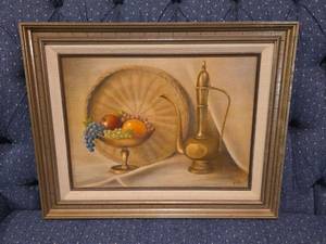 lot 614 image: Framed Still Life Oil Painting with Fruit and Brass by Lydia Voth of Moundridge