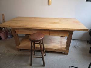lot 10 image: Solid Pine Woodworking Bench with Storage Shelf, 3 Large Drawers, Metal Tool Rack, and Bar Stool