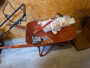 lot 5086 image: Metal Wheelbarrow, Plastic Sheeting and Air Pump