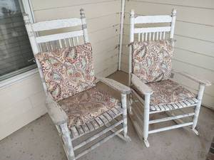 lot 5091 image: White Outdoor Wooden Rocking Chairs with Paisley Cushions