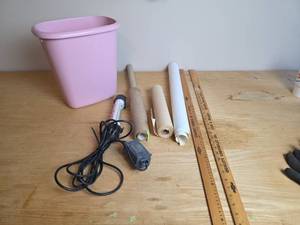 lot 6176 image: Architect Drawing Paper Rolls with UV Lamp, Yard Sticks, and Trashcan