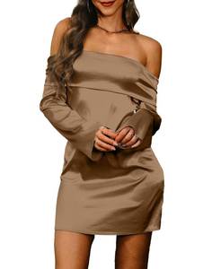 lot 4118 image: HYPERFIRE Womens Elegant Satin Off The Shoulder Long Sleeve Mini Dress Tie Back Wedding Cocktail Dresses Shallow Brown Large - Retail $30