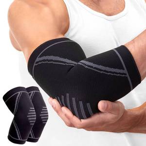 lot 4125 image: PhysFlex Elbow Brace 2 Pack for Tennis and Golfers Elbow Pain Relief - Elbow Compression Sleeve for Weightlifting, Workout, Fitness, Arthritis, Bursitis - Tendonitis Elbow Brace for Men and Women - Retail $9