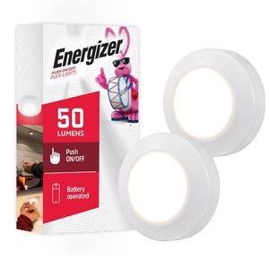 lot 4127 image: Energizer LED Puck Lights, 2 Pack, Battery Operated, Push Light, Wireless Lights, 50 Lumens, Tap Light, Stick On Lights, White, Perfect for Under Cabinet, Closets, Pantry, and More, 46009 - Retail $11
