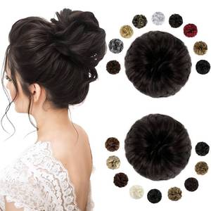 lot 4128 image: FELENDY 2PCS Messy Bun Hair Piece Large Wavy Curly Elastic Hair Bun Scrunchies Fluffy Thick Donut Chignon Hairpieces Updo Extensions Dark Brown - Retail $10