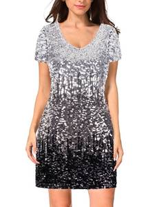 lot 4138 image: MANER Womens Sequin Glitter Short Sleeve Dress Sexy V Neck Mini Party Club Bodycon Gowns(XL, SilverGrayBlack) - Retail $50