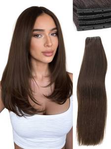 lot 4142 image: WIGNEE Double Invisible PU OVO Human Hair Extensions 100percent Remy Hair Weft Brown Hair Extensions Human Hair 2 PCS 14 Inch No Glue Genius Weft Micro Bead Real Human Hair Extensions (2) - Retail $95