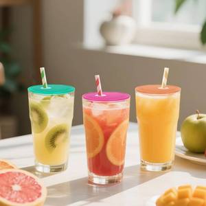 lot 4147 image: 10 Pack Acrylic Lids for 16 oz Glass Cups, Can Straw Lid, Tumbler Lid Replacement, Spill Proof Reusable Plastic Lids for Glass Cups Iced Coffee Cup Beer Can Milk Tea Juice (Color Mixing) - Retail $10