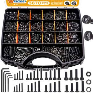 lot 4153 image: weideer 3670pcs M2 M3 M4 M5 Metric Screw Assortment Kit,Metric Bolt Assortment,12.9 Alloy Steel Hex Socket Head 10.9 Alloy Steel Hex Button Head Machine Screws Nuts Washers with Wrench MISSING TINY SOME SCREWS - Retail $40
