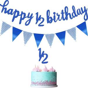 lot 4186 image: Boao Pre- Strung Half Birthday Decorations Set 6 Months Happy 12 Birthday Banner, Glitter 12 Half Year Cake Topper, Triangle Flag Banner for Baby Shower Party Photoshoot Props(Dark Blue) - Retail $8