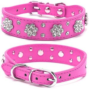 lot 4187 image: Bbmmayy Rhinestone Dog Collar - Cute Flower Rhinestone Bling Collar, PU Leather, Adjustable Size M(Hot Pink) - Retail $12