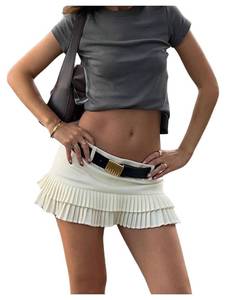 lot 4194 image: SOLY HUX Womens Pleated Layered Ruffle Hem Skirt Low Rise A Line Mini Y2k Skirts Solid Beige Medium - Retail $37