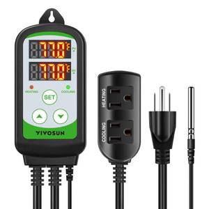 lot 4204 image: VIVOSUN 1500W Digital Temperature Controller, 2-Stage Outlet Thermostat Heating and Cooling Mode, Thermostat with Dual LED Display, for Homebrew Fermenter Greenhouse Terrarium, 110-240V 20A 1500W - Retail $35