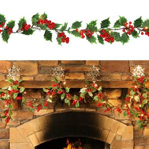 lot 5300 image: ATDAWN 9 FT Red Berry Christmas Lighted Garland, Battery Operated Christmas Garland with Lights, Flexible Artificial Garland for Indoor Fireplace Christmas Holiday New Year Decoration, 2 Pack - Retail $30