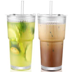 lot 5311 image: CWHHRN 20 Oz Glass Cups with Lid and Straw 2 Set, Glass Tumbler with Straw and Lid, Vintage Glassware for Whiskey Cocktail Beer, Iced Coffee Cups with Lid (2 PACK) - Retail $20