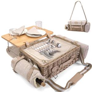 lot 5314 image: Multifunctional Wicker Picnic Basket Set for 2 with Blanket and Picnic Table, Insulated Picnic Set with Full Tablewares for Camping Outdoor Couples, Flowers - Retail $65