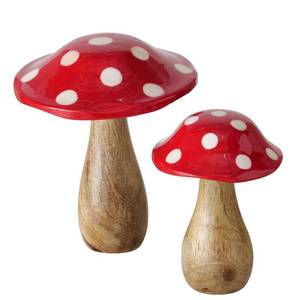 lot 5319 image: Farmers Market Mushrooms, Set of 2, Decorative Kitchen Figurines, Art, Glossy Bright Red Tops with White Polka Dots, Mango Wood, 7.5 and 6 Inches - Retail $40