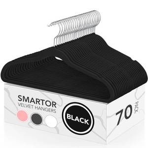lot 5332 image: Smartor Velvet Hangers 70 Pack, Black Non Slip Clothes Felt Hanger Heavy Duty for Coat, Premium Slim Space Saving Hangers for Closet Organizer and Storage, 360° Rotating Silver Hook - Retail $29