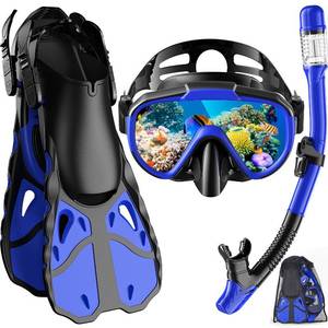 lot 5340 image: Vengreedo Snorkel Set with Fins, Adult Dry Top Snorkel Mask Combo, Travel Bag for Snorkeling, Diving, Swimming - Retail $35
