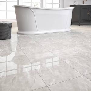 lot 5342 image: A20-Pack Peel and Stick Floor Tiles Vinyl Floor 12 x 12 inch Self Adhesive Waterproof Glossy Flooring Planks DIY for Bathroom, Kitchen, Living Room, RV, Cover 20 Sq. Ft, Polish Light Grey Marble - Retail $20
