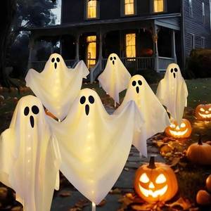 lot 5344 image: 3-Pack Ghost Solar Powered Halloween Decorations Outdoor, Auto OnOff, Solar Halloween Lights for Garden Pathway Porch Yard Walkway Lawn Party Decor, 8 Modes and Waterproof Outdoor Halloween Decorations - Retail $41
