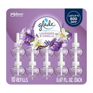 lot 6140 image: Glade PlugIns Refills Air Freshener, Scented and Essential Oils for Home and Bathroom, Lavender and Vanilla, 6.7 Fl Oz, 10 Count (Packaging May Vary) - Retail $21