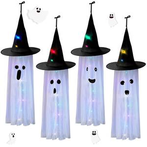 lot 6144 image: Honoson 4 Pcs 40 Inch Halloween Ghost Light Up Hanging Decor Cute Flying Ghost Party Decor Witch Hat Tree Hanging with Colorful LED Lights for Halloween Party Outdoor Yard Indoor (White,Classic) - Retail $14