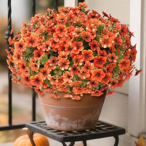 lot 6173 image: Artificial Flowers for Outdoor Fall Decoration-Faux Flower Petunia with Eucalyptus Fake Plants Boxwood for Front Door Planter Home Garden Porch Patio Thanksgiving Autumn Decor-12 Bundles (Orange) - Retail $9