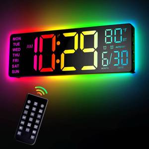 lot 6190 image: EASYERA 12 Digital Wall Clock for Classroom Livingroom Game Home Decor with LED Display RGB Lights, BIuetooth Sync, Dual Alarms, Auto DST, Countdown, Remote Control, Temperature - Retail $26