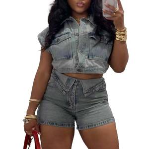 lot 6195 image: Molilove Womens Denim 2 Piece Outfits Button Down Crop Jacket and Shorts Set Summer Sexy Jeans Tracksuits size XL - Retail $56