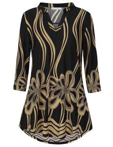 lot 6215 image: BAISHENGGT 34 Sleeve Tops for Women Notch V Neck Work Blouses Dressy Casual Loose Fit Going Out Tunic Shirts Large Black Yellow Lines - Retail $34