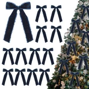 lot 6219 image: Suncalla 12 Pcs Frayed Navy Blue Velvet Bows for Christmas Tree Velvet Navy Blue Christmas Ornaments Rustic Vintage Frayed Crushed Ribbon Bows for Tree Garland Wreath Indoor Outdoor Xmas Decorations - Retail $17