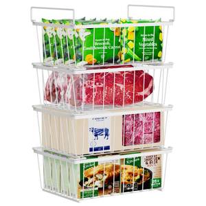 lot 9691 image: iSPECLE Freezer Organizer Bins - 4 Pack Stackable Chest Freezer Organizer for 5 Cu Ft Deep Freezer Sort Frozen Food, Deep Freezer Organizer Bins Easy to Get Food from Bottom without Digging, White - Retail $28