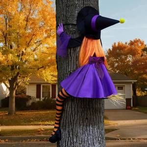 lot 9693 image: JOYIN 56 Crashing Witch Halloween Tree Decorations Outdoor, Flying Witch on Broom Hanging Decorations for Yard, Porch, Door, Lawn, Haunted House Prop - Retail $36