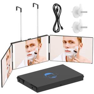 lot 9704 image: OLIBUY 3 Way Mirror with LED for Hair Cutting, Tri-fold Mirror for Shaver and Makeup, Adjustable Telescoping Hooks-with LED Version - Retail $41