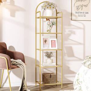 lot 9706 image: Hzuaneri Bookcase Bookshelf, Tempered Glass Bookshelves, Slim Shelving Unit for Bedroom, Bathroom, Home Office, Steel Frame, 5 Tier Gold BC05001G - Retail $58