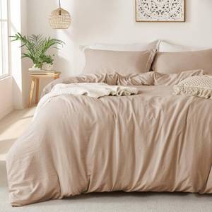 lot 9708 image: MILDLY Super Soft Duvet Cover - 100percent Washed Microfiber Rugby Tan Comforter Cover Set 3 Pieces with Zipper Closure and Corner Ties (No Comforter) - Retail $43