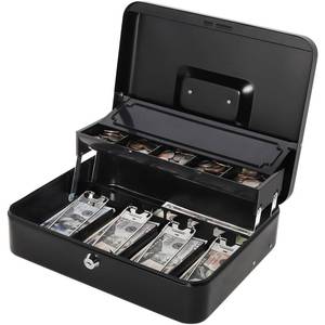 lot 9709 image: Jssmst Locking Cash Box with Money Tray and Lock, Money Lock Box with Coin Lid, 11.8L x 9.5W x 3.5H Inches, Safe Money Box with Key Lock, Black, SM-CB0511B - Retail $23