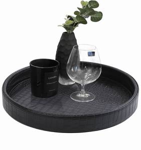lot 9712 image: HofferRuffer Faux Leather Round Serving Tray, Vegan Croco Leather Decorative Tray, Food Tray for Storage Drinks, Snack and Cosmetics, Dia.12 x 1.6 (Black) - Retail $23