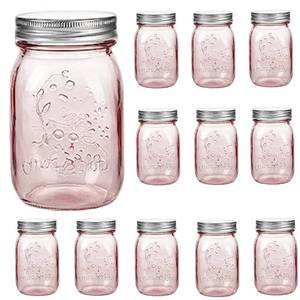 lot 9734 image: Amzcku 16 oz Rose Pink Mason Jars with Lids, 12 Pack Regular Mouth Quart Canning Jar, Safe For Storage, Canning, Pickling, Preserving, Fermenting, DIY Crafts and Decor - Retail $40