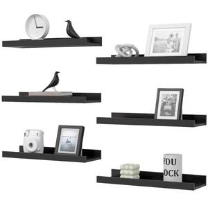 lot 9735 image: DOLLFIO Floating Shelves Set of 6, Black Wall Shelves with Lip, Display Shelves for Wall Decor, Modern Picture Ledge for Living Room, Bedroom, Nursery, Bathroom, Pictures, Books, Plants- Black - Retail $28