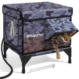 lot 9736 image: Heated Cat House for Outside, Insulated Weatherproof Heated Outdoor Cat House with Waterproof Eaves and Escape Door, Elevated Outdoor Cat Shelter for Feral Stray Cat (Black Camo, 16.5x12.6inx16.9in) - Retail $83