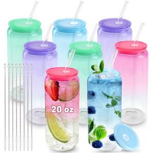 lot 9739 image: Joyclub 20oz Glass Cups with Acrylic Lids and Straws 8 Set Can Shaped Glass Iced Coffee Cups with Lids, Gradient Drinking Glasses Cute Tumbler Cup Great for Smoothie Soda Boba Tea Cocktail Beer Gift - Retail $28