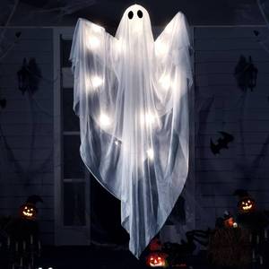 lot 9740 image: JOYIN Halloween Hanging Light up Ghost with Spooky White LED Light, 47� Halloween Hanging Ghost Decoration for Front Yard Patio Lawn Garden Party Decor Indoor Outdoor - Retail $46