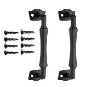 lot 10050 image: VivaLight 2-Pack 10 Inch Heavy-Duty Cast Iron Barn Door Handle � Industrial Black Pull for Gates, Sheds and Cabinets � Rock-Solid Cast Iron with Powder-Coated Finish and Mounting Screws Included - Retail $35