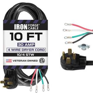 lot 10051 image: Iron Forge Cable 4 Prong Dryer Cord 10 ft, Black 104 NEMA 14-30 Plug 30 Amp Extension Cord 10 Foot for Dryer and EV with Ring Terminals, 125V250V SRDT - Retail $49