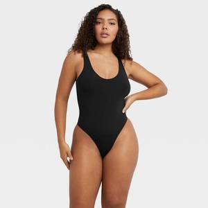 lot 10054 image: Maidenform Womens Shapewear Seamless Thong Bodysuit with Light Shaping MST001 - Black L Waist Slimming Knit Body Shaper - Retail $25
