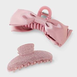 lot 10060 image: Glitter and Bow Claw Hair Clip Set 2pc - A New Day� Pink, Grey, And Black, 4 Pack - Retail $10